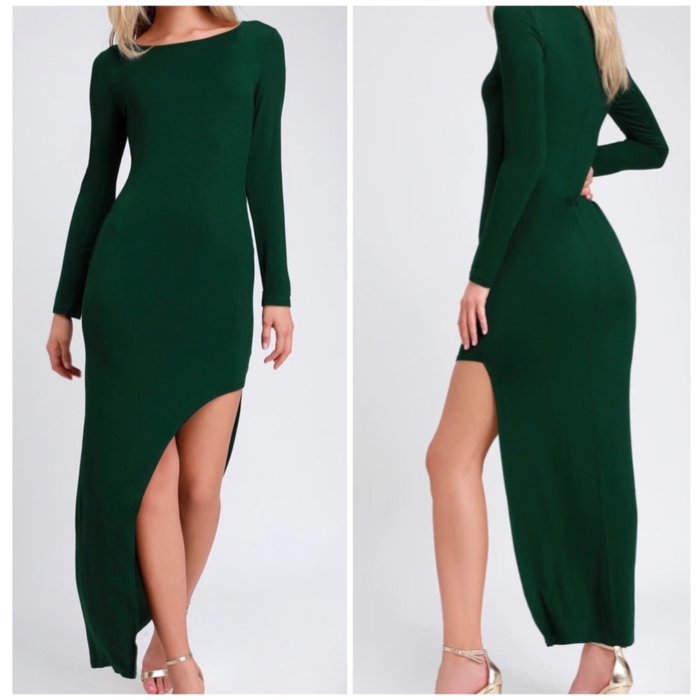Lulu’s Charmed Life Forest Green Long Sleeve Asymmetrical Maxi Dress